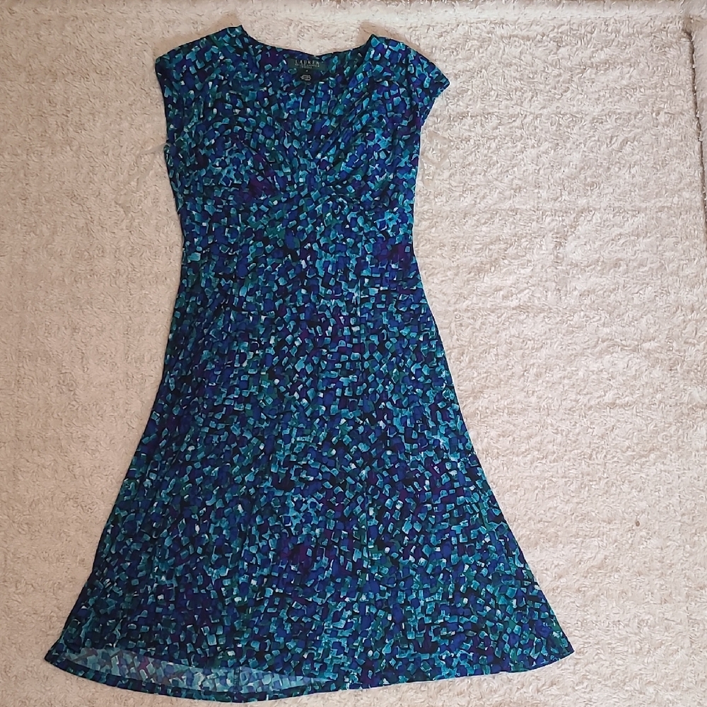 Lauren Ralph Lauren Blue and Teal Abstract Midi Dress